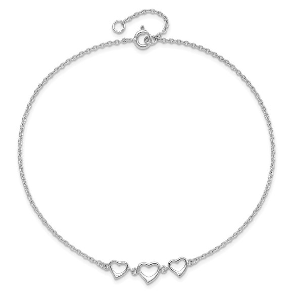 925 Sterling Silver 10 " Plus1 " ext Three Hearts Charms Fine Jewelry Anklet - Picture 5 of 7